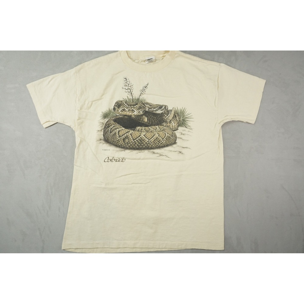 Vintage Habitat T-Shirt Mens L Rattle Snake Graphic Cream Vintage 90s Nature USA